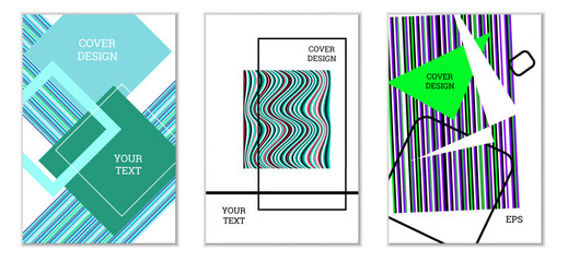 Geometric cover design, set of 3 covers. Abstract unusual background in Memphis style. Bright geometric shapes in random order