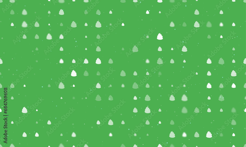Poster seamless background pattern of evenly spaced white poop symbols of different sizes and opacity. vect