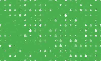 Seamless background pattern of evenly spaced white poop symbols of different sizes and opacity. Vector illustration on green background with stars