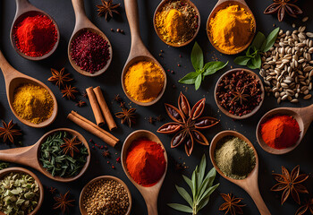A composition featuring cinnamon sticks amidst a symphony of assorted spices