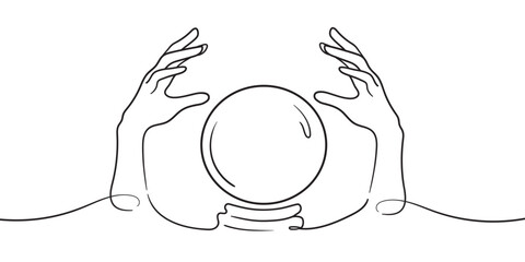 Hand drawn magic crystal ball in hands of fortune teller line art and dot work, continuous drawing contour on white background. Witch boho chic tattoo. Vector iilustration