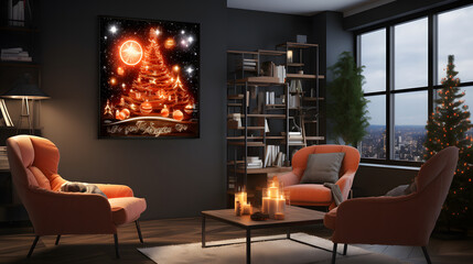 Modern living room interior with christmas tree and presents. 3D rendering. 