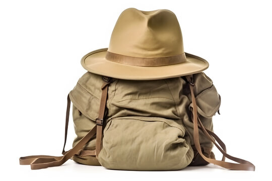 Travel set isolated on white background. Hat, backpack and boots. Neural network AI generated art