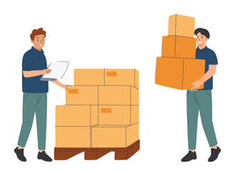 Warehouse staff wearing uniform Loading parcel box and checking product from warehouse. Delivery and logistic, storage.
