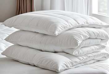 White folded duvet on white bed background. Preparing for winter season, household, hotel or home textile.. Healthy lifestyle and comfort concept