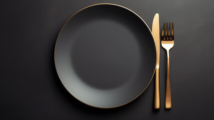 Dark plate with with golden cutlery on black background - Powered by Adobe