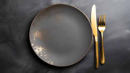 Dark plate with with golden cutlery on black background