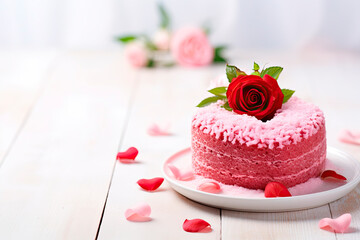 Heart shaped cake for Valentine's Day or mother's day on white wooden background. Copy space