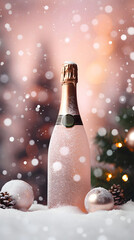 Bottle of sparkling champagne with Christmas tree on background. AI generated image.