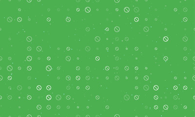 Seamless background pattern of evenly spaced white no parking signs of different sizes and opacity. Vector illustration on green background with stars