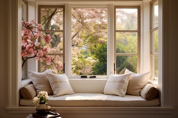 A cozy corner nook with a built-in window seat, throw pillows, and a view of the garden for peaceful relaxation.
