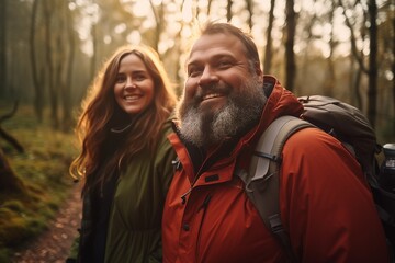 Active couple on a date hiking in forest. Diverse and plus size man and woman enjoying walk in autumn forest