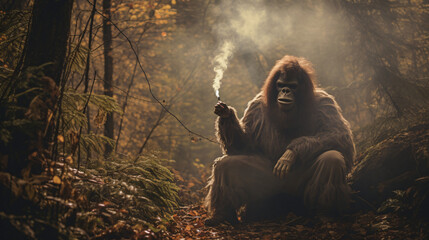 The mysterious Bigfoot smokes a cigarette - obrazy, fototapety, plakaty