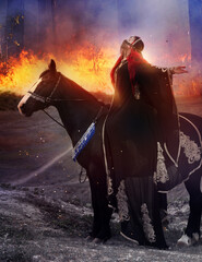 Naklejka premium A warrior girl in a black oriental costume on a black horse with a katana in her hands.