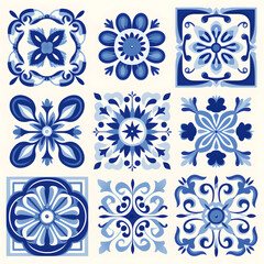 Blue watercolor seamless pattern  of azulejos tiles 
