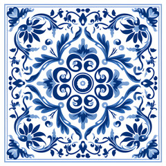 Fototapeta na wymiar Blue watercolor seamless pattern of azulejos tiles 