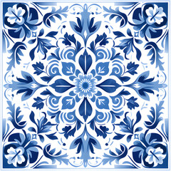 Fototapeta premium Blue watercolor seamless pattern of azulejos tiles 