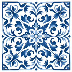 Blue watercolor seamless pattern  of azulejos tiles 