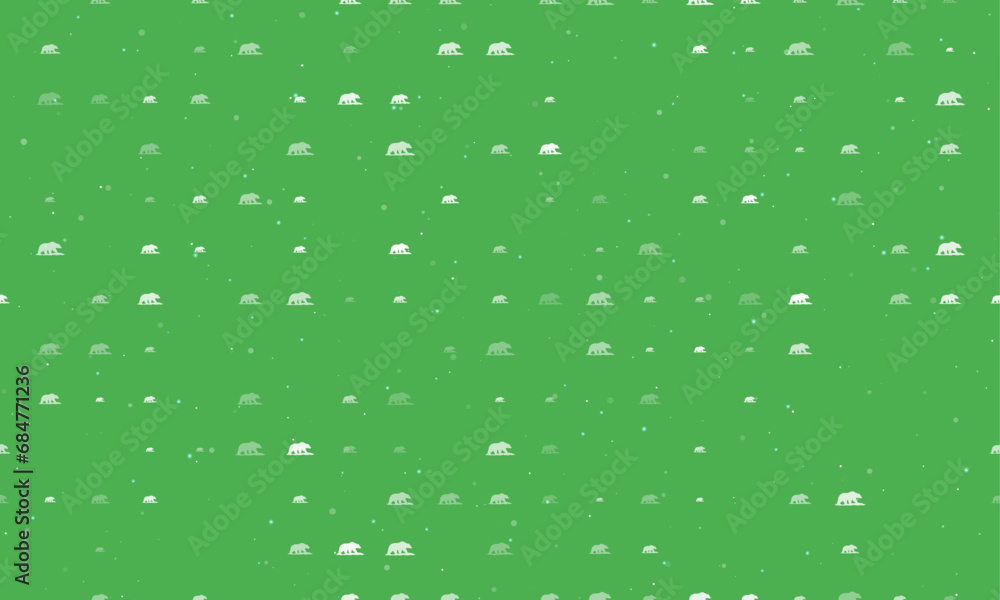 Poster seamless background pattern of evenly spaced white wild bear symbols of different sizes and opacity.