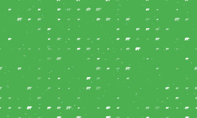 Seamless background pattern of evenly spaced white bear symbols of different sizes and opacity. Vector illustration on green background with stars