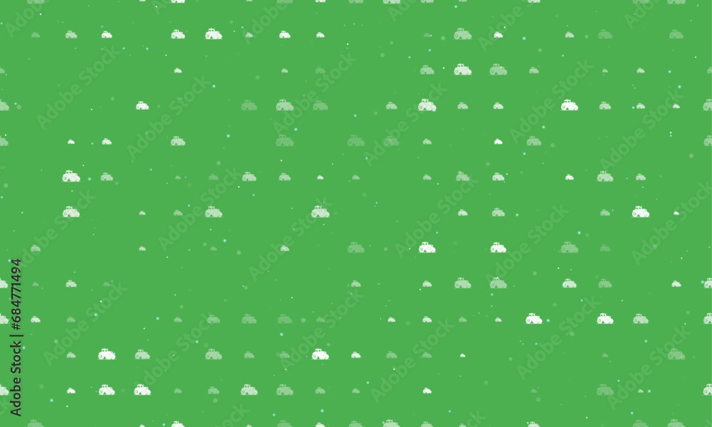 Poster seamless background pattern of evenly spaced white tractor symbols of different sizes and opacity. v