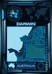 AI-generated illustration of a map of DARWIN with an illustration of a space station in the corner