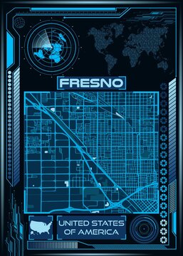 AI-generated illustration of a map of FRESNO with an illustration of a space station in the corner
