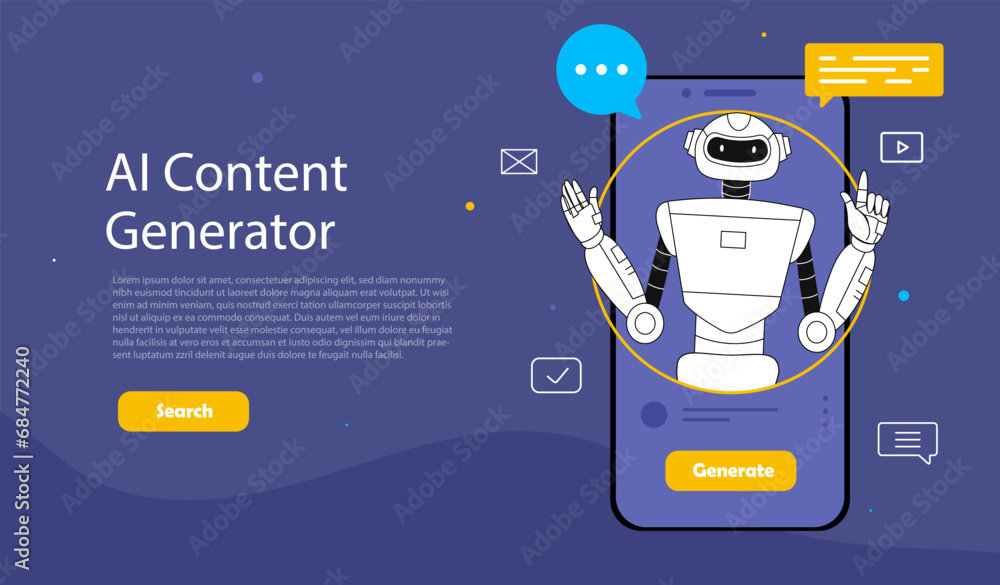 Poster ai content generation concept. artificial intelligence and machine learning. chatbot at smartphone d
