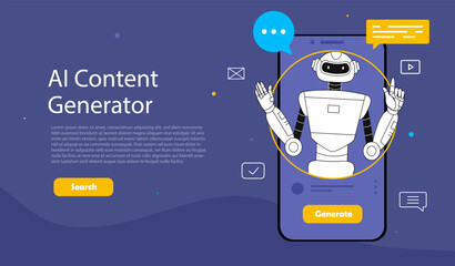 AI Content generation concept. Artificial intelligence and machine learning. Chatbot at smartphone display. Landing page design. Modern technologies and innovations. Cartoon flat vector illustration - obrazy, fototapety, plakaty