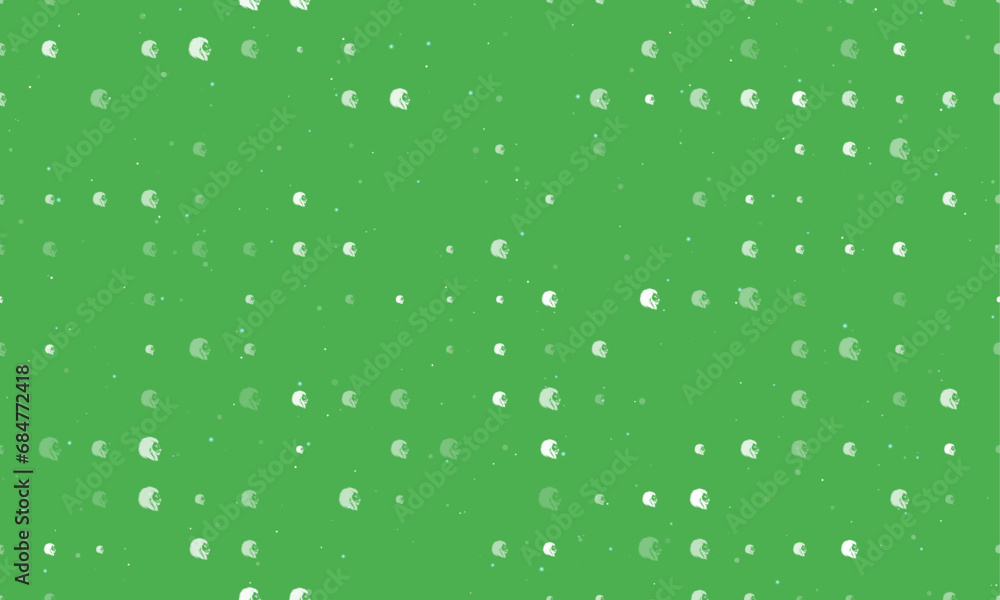 Poster seamless background pattern of evenly spaced white lion head icons of different sizes and opacity. v
