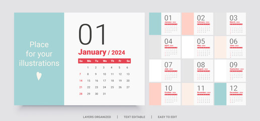 Monthly calendar template for 2024 year. The week starts on Sunday.
