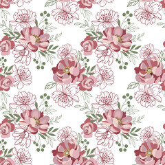 Seamless pattern with vector peonies and flowers

