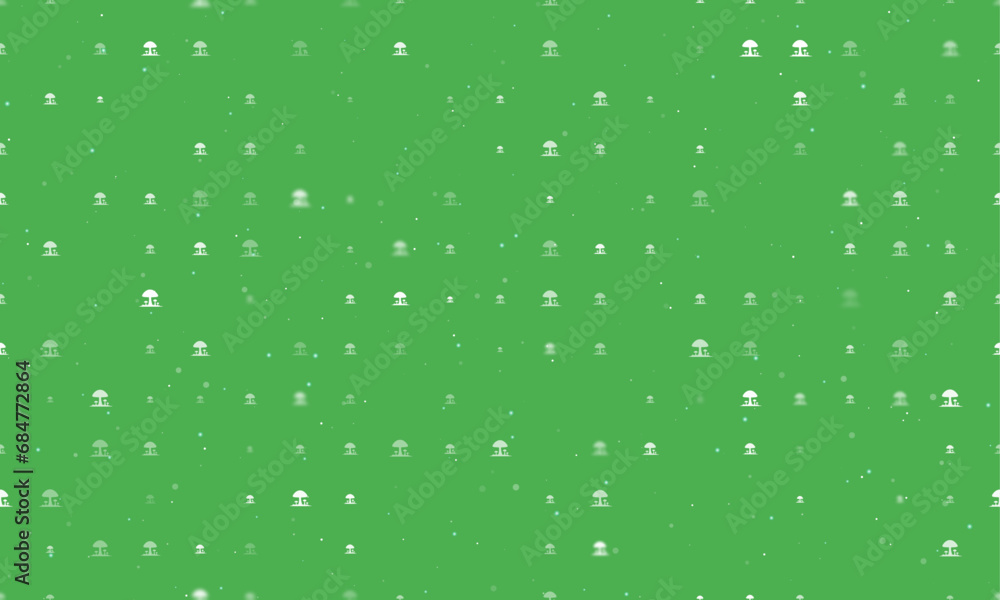 Poster seamless background pattern of evenly spaced white mushrooms symbols of different sizes and opacity.