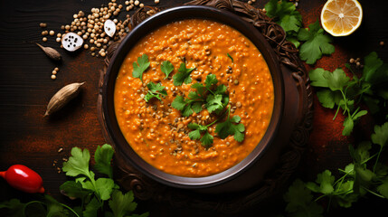 Top view of a bowl of red lentil soup surrounded