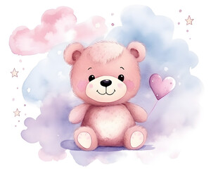 Cute Teddy bear in the sky with pink clouds cartoon illustration
