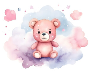 Obraz na płótnie Canvas Cute Teddy bear in the sky with pink clouds cartoon illustration