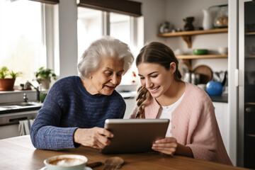Elderly woman with her granddaughter uses a tablet while sitting in the kitchen