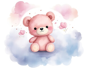 Cute Teddy bear in the sky with pink clouds cartoon illustration