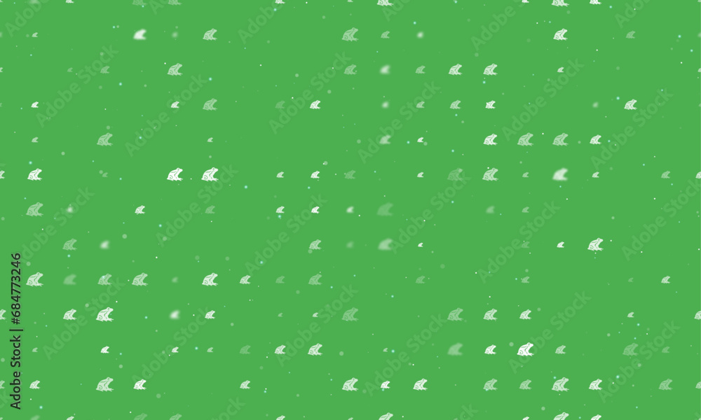 Poster seamless background pattern of evenly spaced white frog symbols of different sizes and opacity. vect