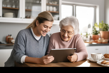 Elderly woman with her granddaughter uses a tablet while sitting in the kitchen