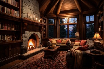 A cozy living room with a corner fireplace, comfortable seating, and built-in bookshelves.