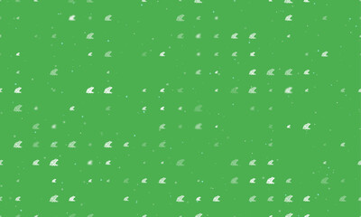 Seamless background pattern of evenly spaced white frog symbols of different sizes and opacity. Vector illustration on green background with stars