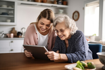 Elderly woman with her granddaughter uses a tablet while sitting in the kitchen