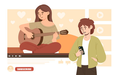 Boy watching video online. Young guy with smartphone watch video hosting. Interesting content in social networks. Female guitarist record video. Cartoon flat vector illustration