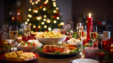Christmas dinner. Festive table with delicious food - 684773486