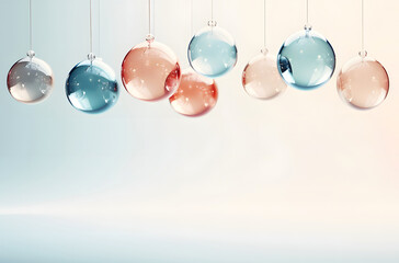 Transparent Christmas pink and blue balls on a soft pastel pink background - 684773658