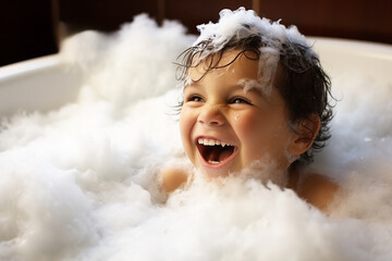 Cheerful happy little kid bathing in bathtub in foam