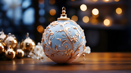 Christmas blue ball decorated with gold twig on
against the backdrop of sparkling garlands - 684774066