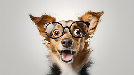 A surprised shaggy dog with glasses looks at us. Grey background - 684774084
