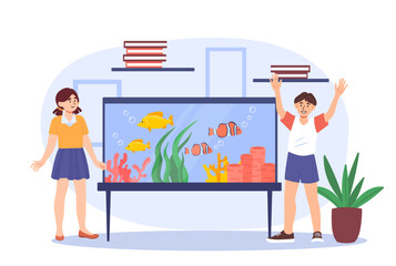 Children and aquarium concept. Boy and girl with glass with water. Reefs and corrals with fish. Nautical dweller and wild life. Cartoon flat vector illustration isolated on white background